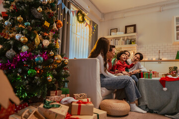 party, happy, celebrate, surprise, enjoyment, xmas, present, warm, gift, christmas. A family is...