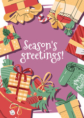 Christmas greeting card with gifts on a pink background in a flat cartoon style. Vector illustration for poster, banner, invitation, etc