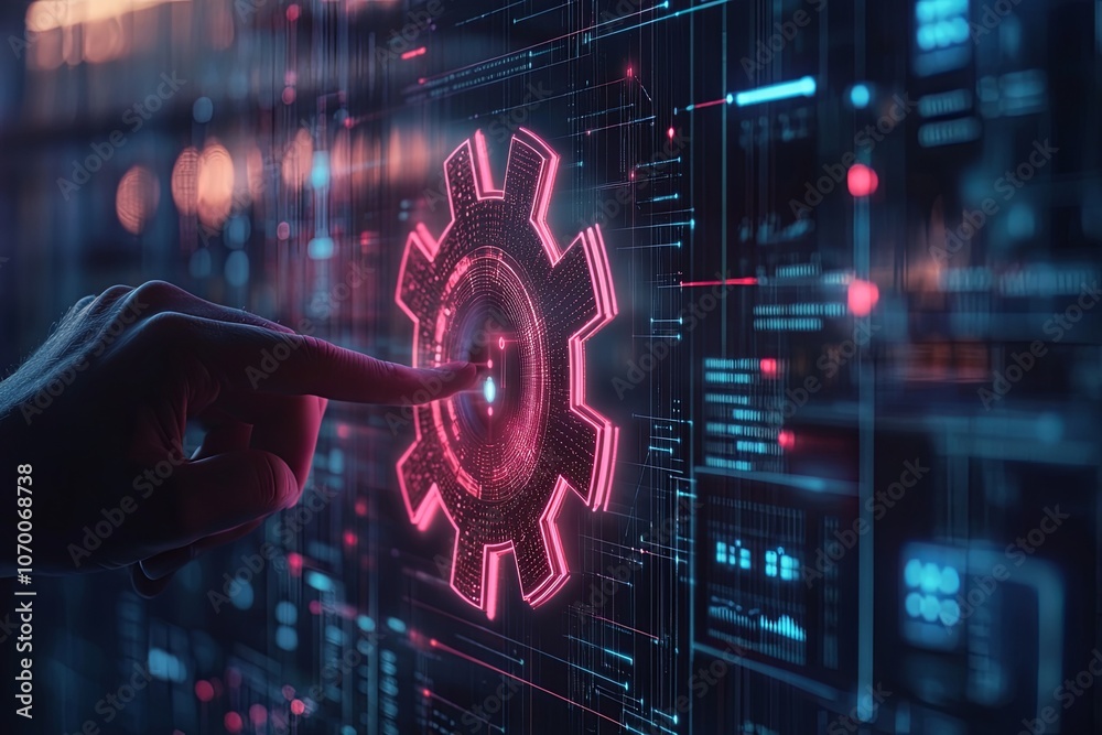Poster a hand interacts with a vibrant digital interface featuring a glowing gear symbol amidst data graphi