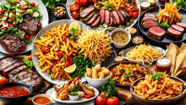 Abundant Food Buffet: Steak, Fries, and Seafood