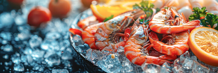 Close-up of fresh shrimp on ice with sliced lemon and herbs, perfect for seafood restaurant menus or culinary websites.