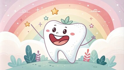 Smiling Tooth Character with Rainbow Background - Dental Health Illustration