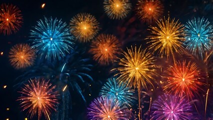 Fototapeta premium Abstract colored fireworks background with beautiful fireworks lighting up the night sky. Bokeh effect