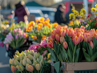 Colorful tulips on display at a local outdoor flower market, with people in the background browsing various floral arrangements.