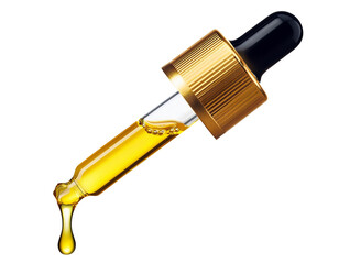 Yellow essential serum oil dripping from gold dropper isolated on white background. Clipping path.