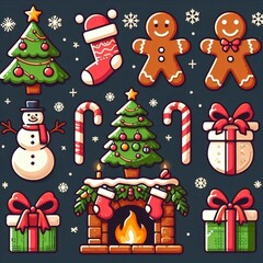 Fototapeta premium Joyful Christmas Icon Collection with Santa, Snowman, and Presents
