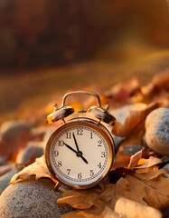 Alarm clock on fallen dry leaves and stones outdoors, close-up. Space for text