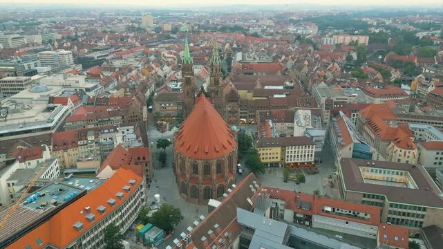 Nuremberg: Panorama city skyline aerial view drone footage, Germany fly over Lorenzkirche (St. Lawrence Church), N&uuml;rnberg Germany old town