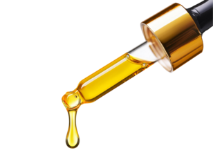 Yellow essential serum oil dripping from gold dropper isolated on white background. Clipping path.
