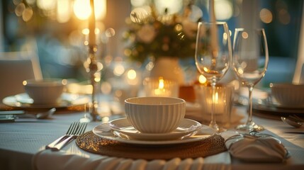 Fototapeta premium Elegant table setting with candles and fine china, captured during a romantic evening dinner with soft, warm lighting.