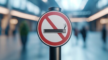 A close-up view of a no smoking sign amidst a bustling urban environment with greenery and soft lighting during the day