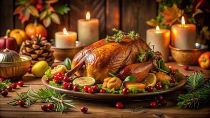 A Beautifully Roasted Thanksgiving Turkey Surrounded by Festive Garnishes and Seasonal Ingredients, Perfect for Family Celebrations and Holiday Feasts with Space for Text Overlay