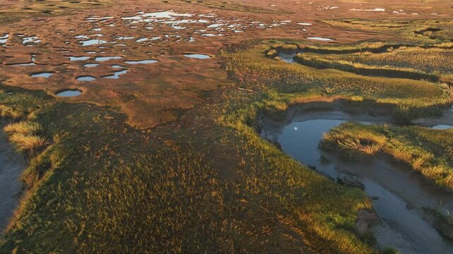 Sunset aerial of reflective salt marshes at Sandy Neck, capturing tranquil water channels and soft evening light with moon reflection