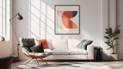 Modern living room featuring a stylish sofa, vibrant artwork, and a touch of greenery in a bright, sunlit space