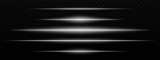 Intense white horizontal light streaks with a glow effect on a dark background. Suitable for futuristic themes, sci-fi effects, or digital transitions.