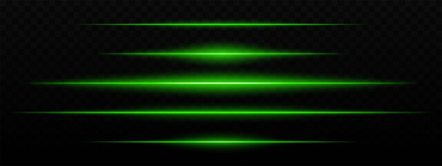 Intense green horizontal light streaks with a glow effect on a dark background. Suitable for futuristic themes, sci-fi effects, or digital transitions.