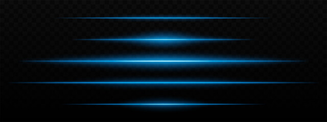 Intense blue horizontal light streaks with a glow effect on a dark background. Suitable for futuristic themes, sci-fi effects, or digital transitions.