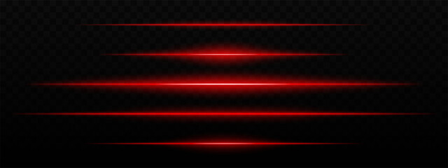 Intense red horizontal light streaks with a glow effect on a dark background. Suitable for futuristic themes, sci-fi effects, or digital transitions.