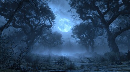 Fototapeta premium Mystical moonlit forest with dense trees and foggy atmosphere creating a haunting and eerie nighttime scene, perfect for Halloween themes.