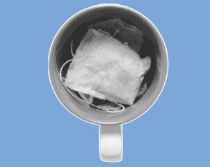 close up of teabag on cup pixelate grayscale color halftone dotted texture style collage element isolated on blue background
