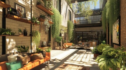 A modern co-living space with vibrant community areas, 