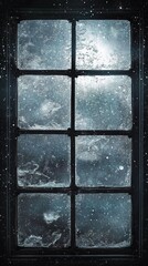 Abstract Marketing Background Featuring Nighttime Frost Patterns Illuminated by a Flashlight or Spotlight, Creating a Mysterious and Romantic Atmosphere. The Dark Night Sky and Distant Lights Enhance 