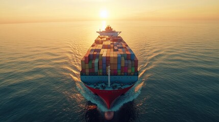 Fototapeta premium A cargo ship laden with containers sails toward the horizon at sunset.