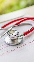 A stethoscope resting beside an electrocardiogram with a red heart symbol on a medical chart in a softly blurred background