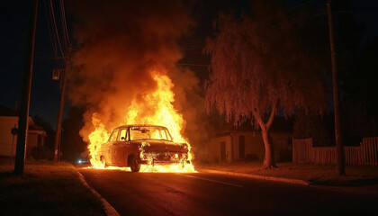 Fototapeta premium Abandoned Car on Fire in Rural Area at Dusk