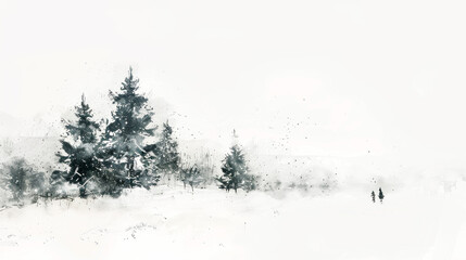 Minimalistic Winter Landscape with Pine Trees in Snow, Artistic Winter Sketch Style