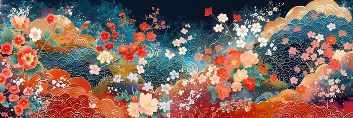 Vibrant and colorful floral painting with abstract elements, showcasing blooming flowers in a blend of warm and cool tones on a dark background.