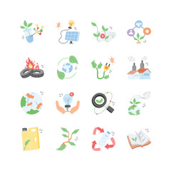 This collection of icons showcases various aspects of environmental sustainability
