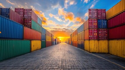 Colorful shipping containers line a vibrant port at sunset, creating a stunning pathway into the horizon with brilliant clouds. Generative AI
