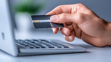 A close-up view of a hand holding a credit card while interacting with a modern bank terminal under daylight in an urban setting
