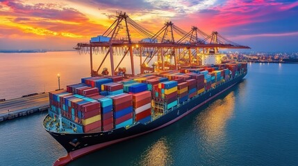 Naklejka premium A vibrant sunset illuminates a cargo ship laden with colorful containers at a bustling port, creating a picturesque maritime scene. Generative AI