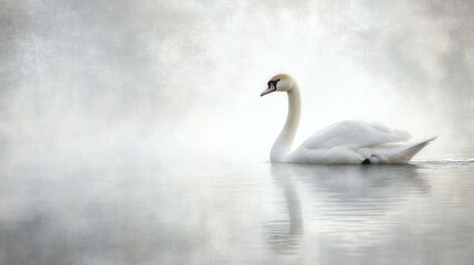 Obraz premium A serene swan gliding through a misty lake, reflecting tranquility and nature's beauty.