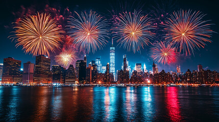 NYC Fireworks Extravaganza: A breathtaking display of fireworks explodes over the iconic New York City skyline, painting the night sky with vibrant colors and reflecting in the tranquil waters.
