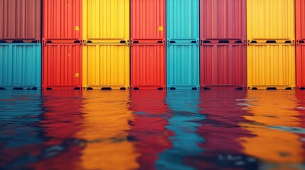 Vibrant colors of shipping containers reflected in calm water under bright sunlight at a bustling waterfront location. Generative AI