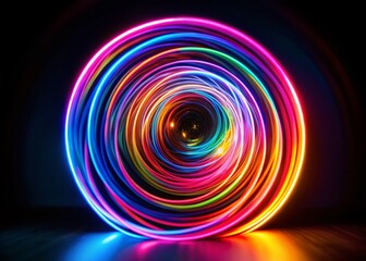 Abstract Neon Spiral Light Effect on Black Background Captured with Tilt-Shift Photography Techniques for a Unique Visual Experience in Digital Art and Design