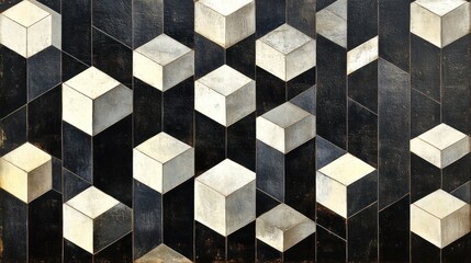 A pattern of layered cubes in black and white creates a complex geometric depth and dimension.