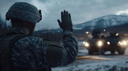 American soldier saluting during military operation in snowy terrain