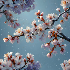a cherry blossom branch with lavender and sky-blue petals, each petal glowing softly against a snowy background