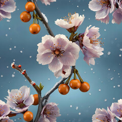 a cherry blossom branch with lavender and sky-blue petals, each petal glowing softly against a snowy background