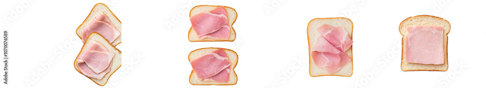 Poster The top view of a slice of bread with ham and lettuce is isolated on a transparent background
