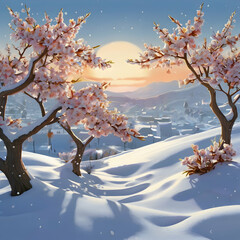 a cherry blossom branch with lavender and sky-blue petals, each petal glowing softly against a snowy background