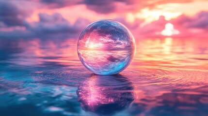 A transparent globe floating on a water-like surface Reflecting light from the light source with bright colors