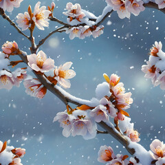 a cherry blossom branch with lavender and sky-blue petals, each petal glowing softly against a snowy background