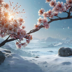 a cherry blossom branch with lavender and sky-blue petals, each petal glowing softly against a snowy background