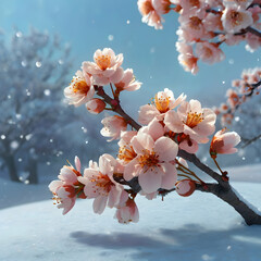 a cherry blossom branch with lavender and sky-blue petals, each petal glowing softly against a snowy background