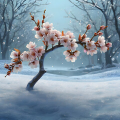 a cherry blossom branch with lavender and sky-blue petals, each petal glowing softly against a snowy background